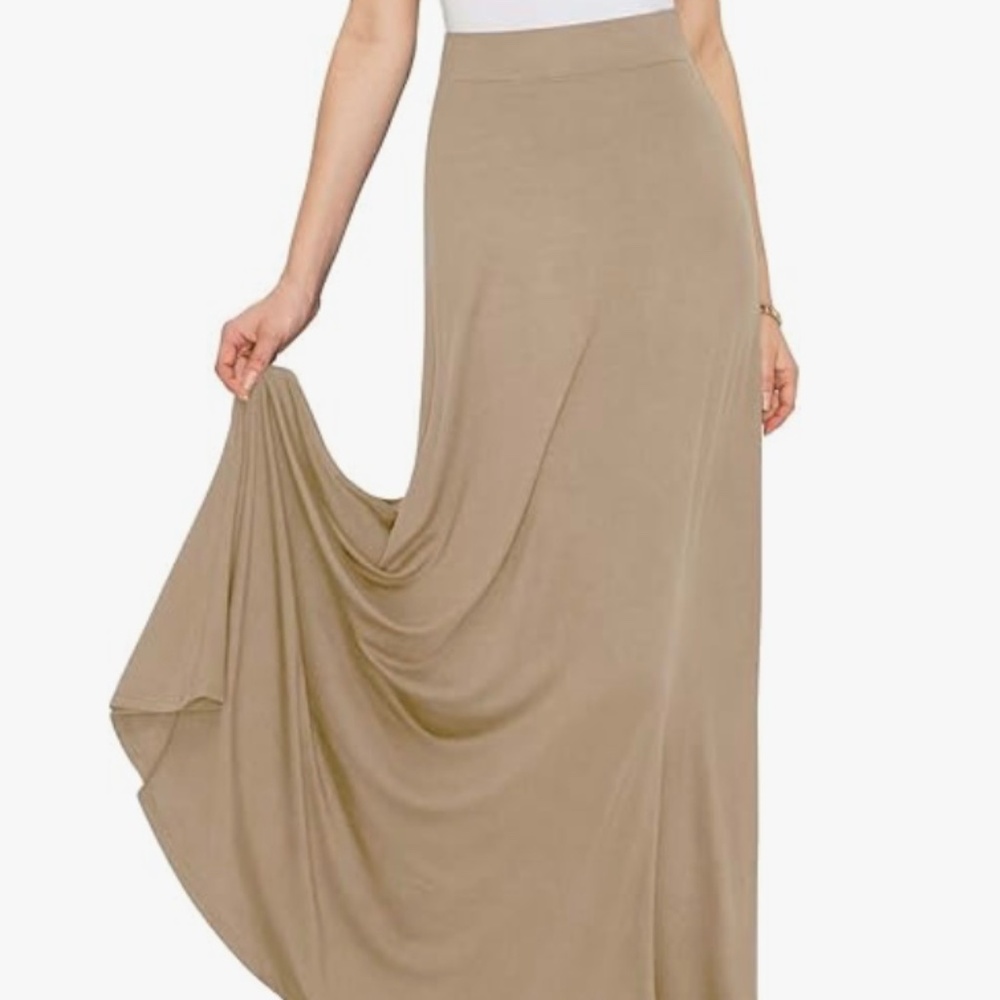 New Women’s Maxi Skirt A-Line Wide Elastic Waistband Extra Long Flare Taupe XS